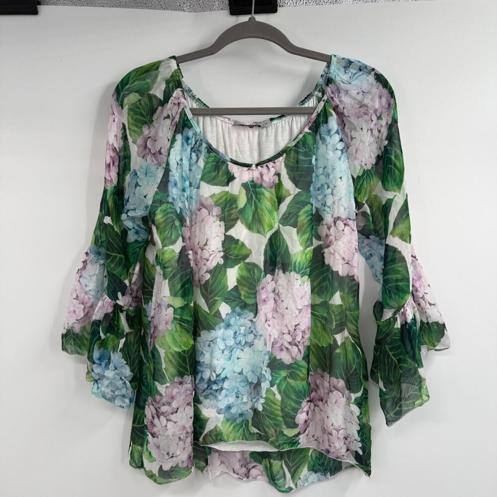 Tendenze Floral Top Size S Green Purple Silk Chiffon Lined Bell Sleeve Pullover